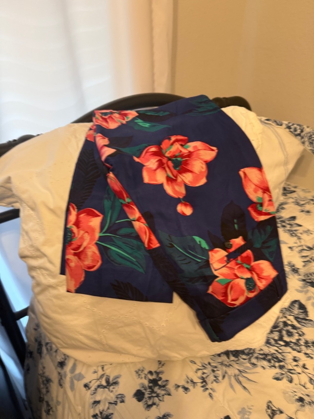 Blue Floral Scarf with Coral Flowers